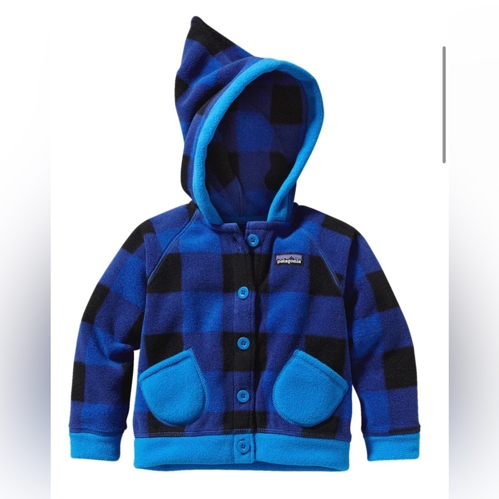 Patagonia Blue and Black Plaid Fleece Hoodie Baby Swirly Top Jacket Size 18M